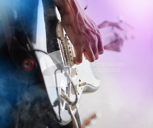 Image of Guitar, studio and man hands at music festival show playing rock with electric instrument with mockup. Sound, musician and party with live talent and audio for punk event with people at a concert