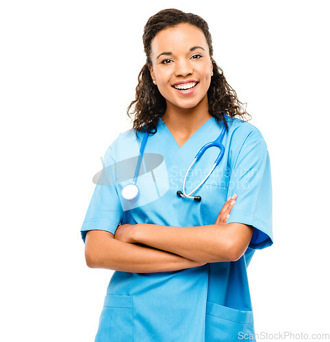 Image of Healthcare, portrait of woman nurse and smile against a white background with stethoscope. Health wellness, medical and African female doctor or surgeon smiling against studio backdrop for happiness