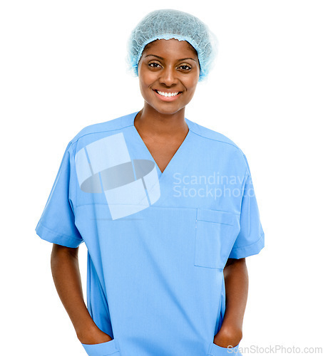 Image of Studio, nurse and Indian woman in health care in white background for medicine, clinic or hospital. Doctor, portrait and medical professional in wellness with confident, happy and expert care
