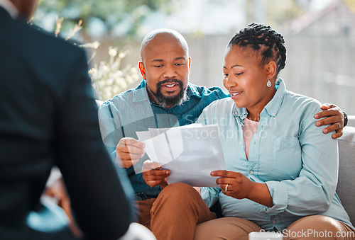 Image of Happy couple, broker and contract in a house for a meeting or consultation for retirement advice. Financial advisor, black man and woman for investment, savings plan or pension and insurance paper