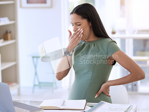 Image of Tired, business woman and pregnant with yawn and fatigue from office work. Pregnancy, female employee and maternity of a worker with fatigue and burnout at a company for report deadline with notes