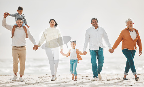 Image of Happy family, fun portrait and beach with grandparents, parent love and kids together by sea. Outdoor, vacation and children with grandmother and father by the ocean on holiday in group with a smile