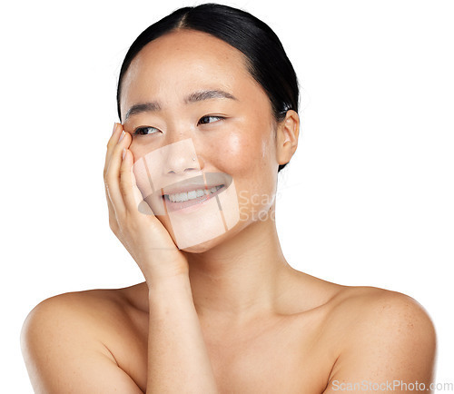 Image of Natural skin, beauty and face of asian woman with glow, health and wellness cosmetics. Happy aesthetic female model thinking of facial dermatology and skincare isolated on transparent, png background
