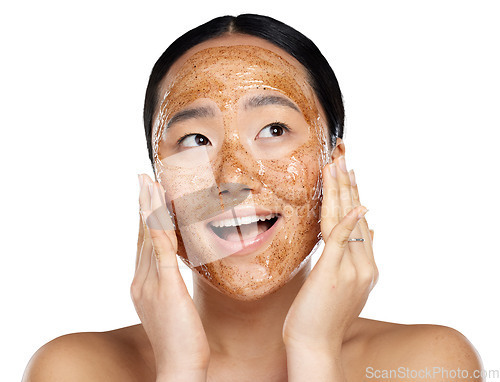 Image of Face, beauty and a woman with coffee mask or scrub for skin glow, health and wellness. Headshot of asian female model excited for dermatology or natural facial isolated on transparent, png background