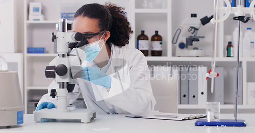 Image of Science, vaccine and microscope with woman in laboratory for expert research, medical and planning. Test, covid analysis and medicine with female scientist for chemistry, healthcare and pharmacy