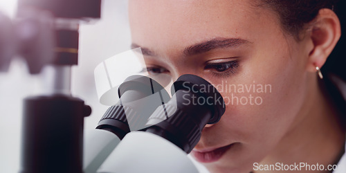 Image of Science, focus and microscope with woman in laboratory for expert research, medical and planning. Test, vaccine analysis and medicine with female scientist for chemistry, healthcare and pharmacy