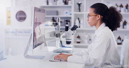 Image of Computer, science and research with woman in laboratory for future, pharmacy and medical. Healthcare, technology and study analysis with female scientist for medicine, expert and online report