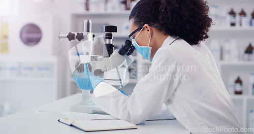 Image of Notebook, covid and microscope with woman in laboratory for science research, medical and planning. Idea, vaccine analysis and medicine with female scientist for chemistry, healthcare and pharmacy