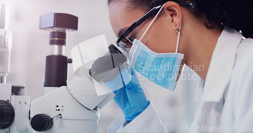 Image of Vaccine, covid and microscope with woman in laboratory for expert research, medical and planning. Test, science analysis and medicine with female scientist for chemistry, healthcare and pharmacy