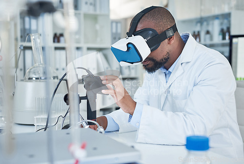 Image of Medical science, virtual reality and a man with a headset for innovation, future and research. Black male person as a scientist with vr glasses for ai healthcare, metaverse and 3d medicine in a lab