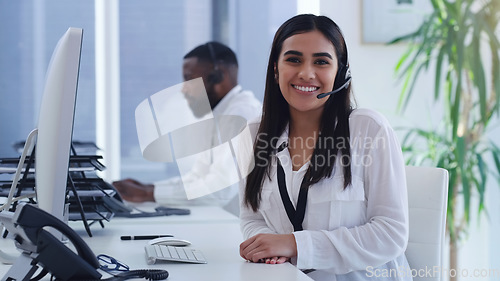 Image of Call center, smile and portrait of business woman in office for customer service, technical support or consulting. Communication, contact us and help desk with employee for advisory, solution or sale