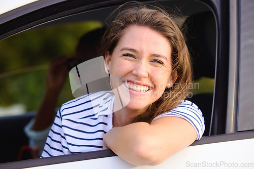 Image of Travel, portrait and happy woman in a car window with freedom, smile and vacation or trip. Transport, passenger and face of excited female person in a vehicle for journey, holiday or road trip