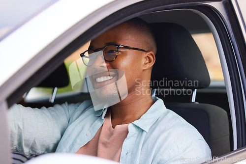 Image of Travel, road trip and happy man in a car for driving, freedom and vacation, adventure or weekend trip. Transport, driver and African male in a vehicle for journey, holiday or a solo drive in the city