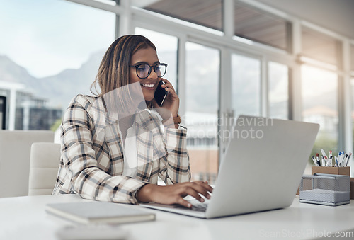 Image of Laptop, phone call and business woman in office for planning, networking and communication. Digital, technology and connection with female employee typing for contact, entrepreneur and online