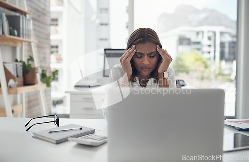 Image of Headache, pain and business woman on laptop for stress, budget problem and mental health risk in office. Anxiety, fatigue or tired indian person on computer with migraine, debt crisis or job burnout