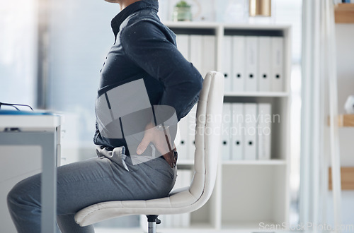 Image of Tired, back pain and ache with business man in office for stress, frustrated and muscle fatigue. Burnout, tension and body with closeup of male employee for spine injury, accident and emergency