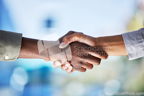 Image of Closeup of people shaking hands in success of deal, partnership and welcome to HR collaboration. Team, handshake and meeting for agreement, thank you and b2b networking in trust, interview and hiring