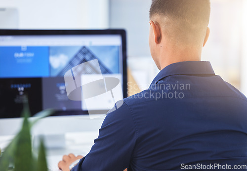 Image of About us, computer screen and businessman typing a SEO proposal on a pc or desktop for business growth. Company, monitor and man corporate worker working and planning a strategy for a startup
