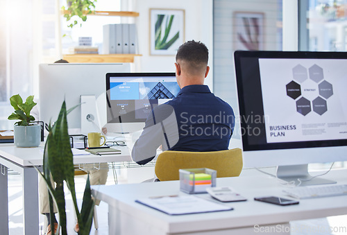 Image of About us, computer and employee working on SEO and proposal on a pc screen or desktop for business growth. Company, monitor and man corporate worker typing and planning a strategy for a startup