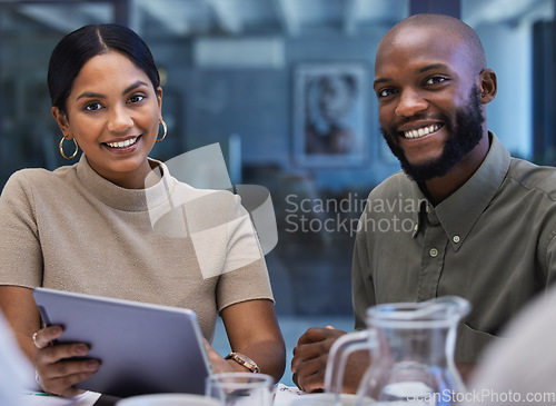 Image of Portrait, business people and happy team on tablet in office for meeting, planning information or app in agency. Diversity, employees and smile on digital technology for online research collaboration