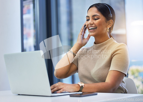 Image of Agent, happy woman and video call at laptop in office for customer service, sales consulting and questions. Telemarketing, female consultant and communication at computer for virtual telecom advisory