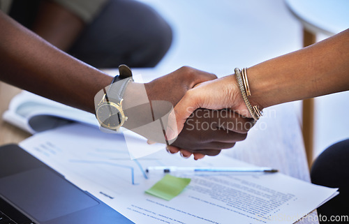 Image of Closeup, business people and handshake for contract, deal and HR partnership of office collaboration. Employees, teamwork and shaking hands for negotiation, thank you and b2b proposal of opportunity