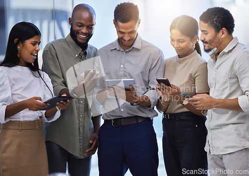 Image of Business people, group and technology on tablet, phones and mobile planning in office together. Happy employees, diversity and team in digital collaboration, sharing data or download media on web app