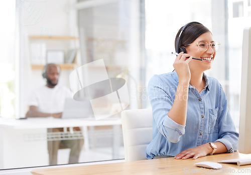 Image of Call center, computer and happy woman, virtual consultant or advisor in customer support, online advice or office chat. Help desk communication, business agent and person on desktop pc in workspace