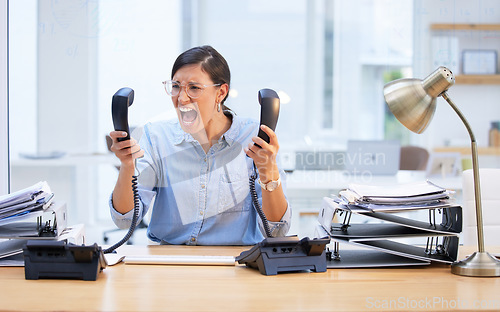 Image of Angry, scream and business woman on telephone for secretary career stress, frustrated and mental health problem. Shout, anxiety and anger of professional worker or person with burnout on phone call