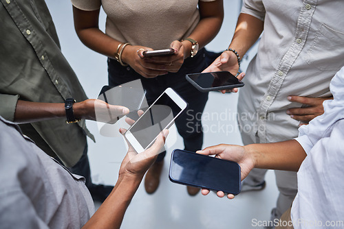 Image of Group, blank phone screen and people with mockup on mobile, social network app and website from above. Closeup, hands and smartphone technology for digital download, sharing data or cellphone contact