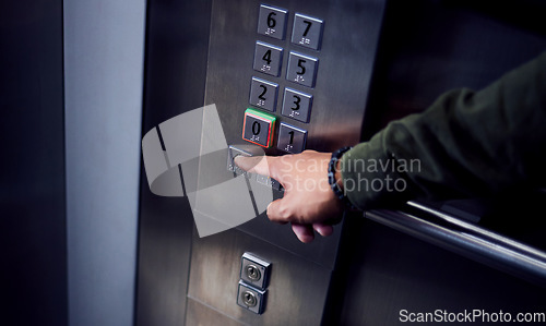 Image of Man, hands and pressing button in elevator for transportation in building, floor or number indoors. Hand of male person selecting control on machine or lift for level up or down on touch panel