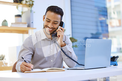 Image of Consultant, businessman on telephone and writing in a notebook with a laptop at desk in office at his workplace. Networking or support, communication and man on a phone call for customer service