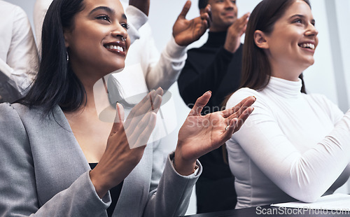 Image of Business people, applause and meeting for presentation, teamwork or collaboration together at the office. Hand of happy group clapping for team motivation, success or corporate goals at the workplace