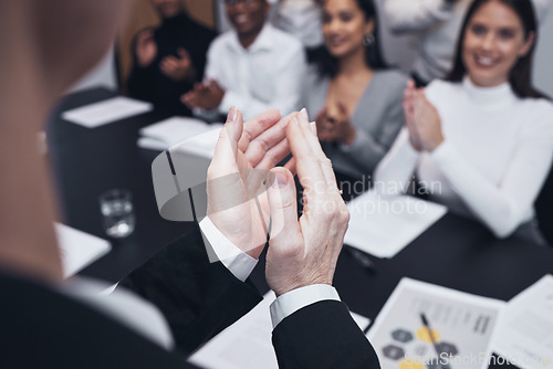 Image of Business people, hands and applause in meeting for presentation, teamwork or collaboration at the office. Hand of happy group clapping for team motivation, success or corporate goals at the workplace