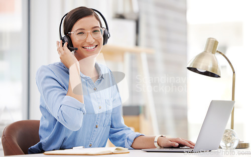 Image of Call center, portrait and woman employee with a smile from customer service and web help. Online consultation, happiness and crm consultant with internet support and laptop for agent consulting