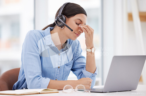 Image of Business, laptop and woman with a headache, burnout and medical problem in the workplace. Female person, employee and agent with a migraine, pc and health issue with pain, fatigue and tech support