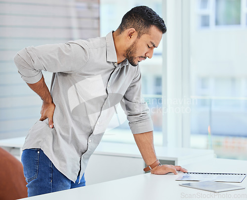 Image of Back pain, man and office worker with muscle injury and accident from stress and burnout. Hurt, medical issue and male employee with spine inflammation and anxiety from bruise at work feeling tired