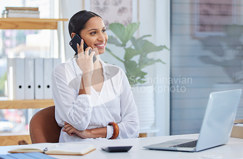 Image of Business woman, company call and smile in a office with communication at a desk. Content manager, web worker and female person with a phone and connectivity for internet strategy conversation