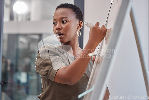 Image of Business, board and black woman with presentation, planning and explain process at a workshop. Female person, presenter and speaker writing, brainstorming and motivation with profit growth and mentor