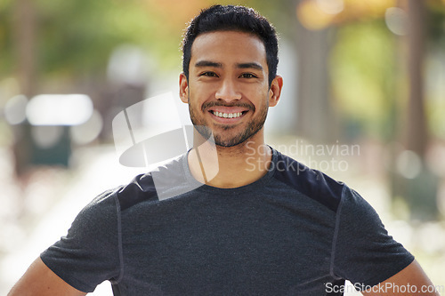 Image of Happy asian man, portrait smile and fitness for running, exercise or training in the nature outdoors. Fit, active and athlete male person or runner smiling for cardio exercising and healthy wellness