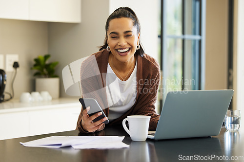 Image of Technology, woman smile with smartphone and documents with laptop on kitchen counter of her home. Connectivity, networking and remote work with happy female person with paperwork on table with phone
