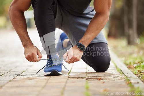 Image of Man, hands and tying shoe in park for running, fitness or cardio workout and exercise in the outdoors. Hand of male person, runner or athlete tie shoes and getting ready for sports training in nature