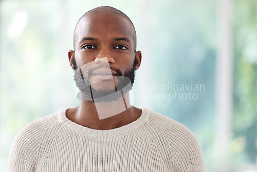 Image of Black man with serious face in portrait, vision and confidence with empowerment and mockup space. Young African male person, determined with focus and confidence, ambition and casual fashion