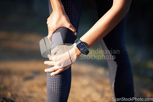 Image of Hands with knee pain, running injury and fitness with woman outdoor, training and medical emergency with legs. Health, exercise accident from run and female athlete with inflammation and joint ache