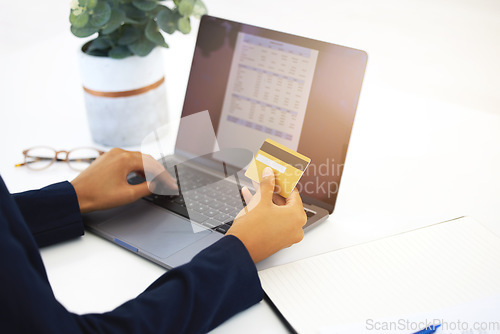 Image of Credit card, laptop screen and man hands for invoice, online payment and budget or financial management in business. Office person on computer typing, banking or information for finance quote or loan