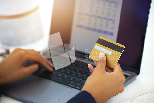 Image of Credit card, laptop and business man hands for invoice, online payment and budget or digital receipt in accounting. Business person on computer screen typing, app banking for finance, salary or loan
