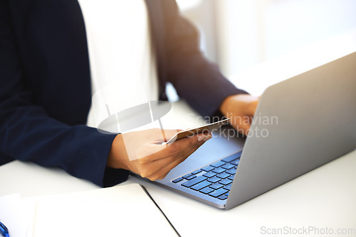 Image of Credit card, computer and business man hands of online shopping, financial payment and banking or loan in office. Professional person typing on laptop, digital transaction or bank fintech or website