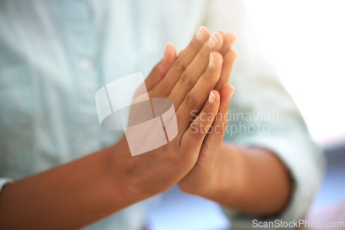 Image of Praying, hands together and woman in faith, religion and hope for career opportunity or job search. Prayer hand, sign or emoji of christian person with worship, charity and gratitude for ngo business