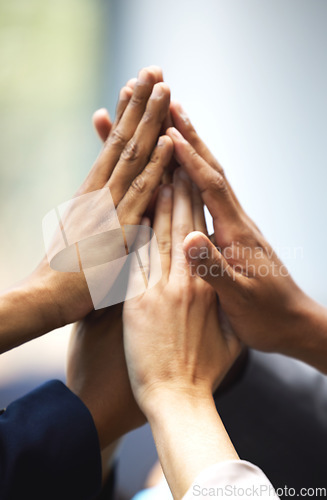 Image of High five, success and hands of employees for team building, meeting or collaboration. Unity, diversity and closeup of group of business people in celebration of goals, achievement or teamwork.