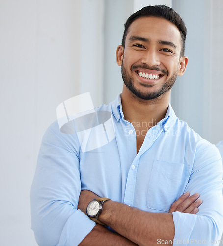 Image of Auditor, portrait and business man with arms crossed in office, workplace or company. Face, confidence and happy Asian male professional, entrepreneur or accountant from Singapore with career pride.